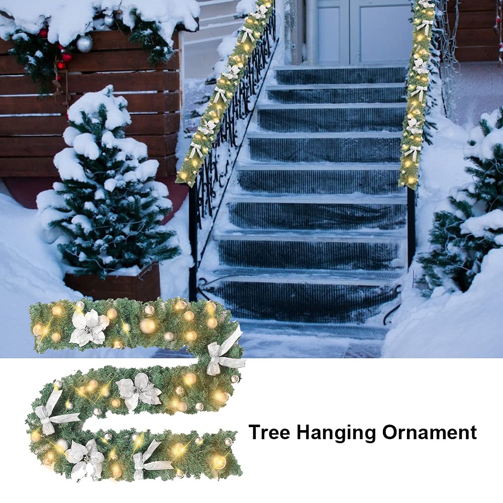 Kerstslinger met verlichting voor trappen, open haard, kerstboom, veelkleurige led-verlichte kunstkrans, kerstdecoratie (zilver