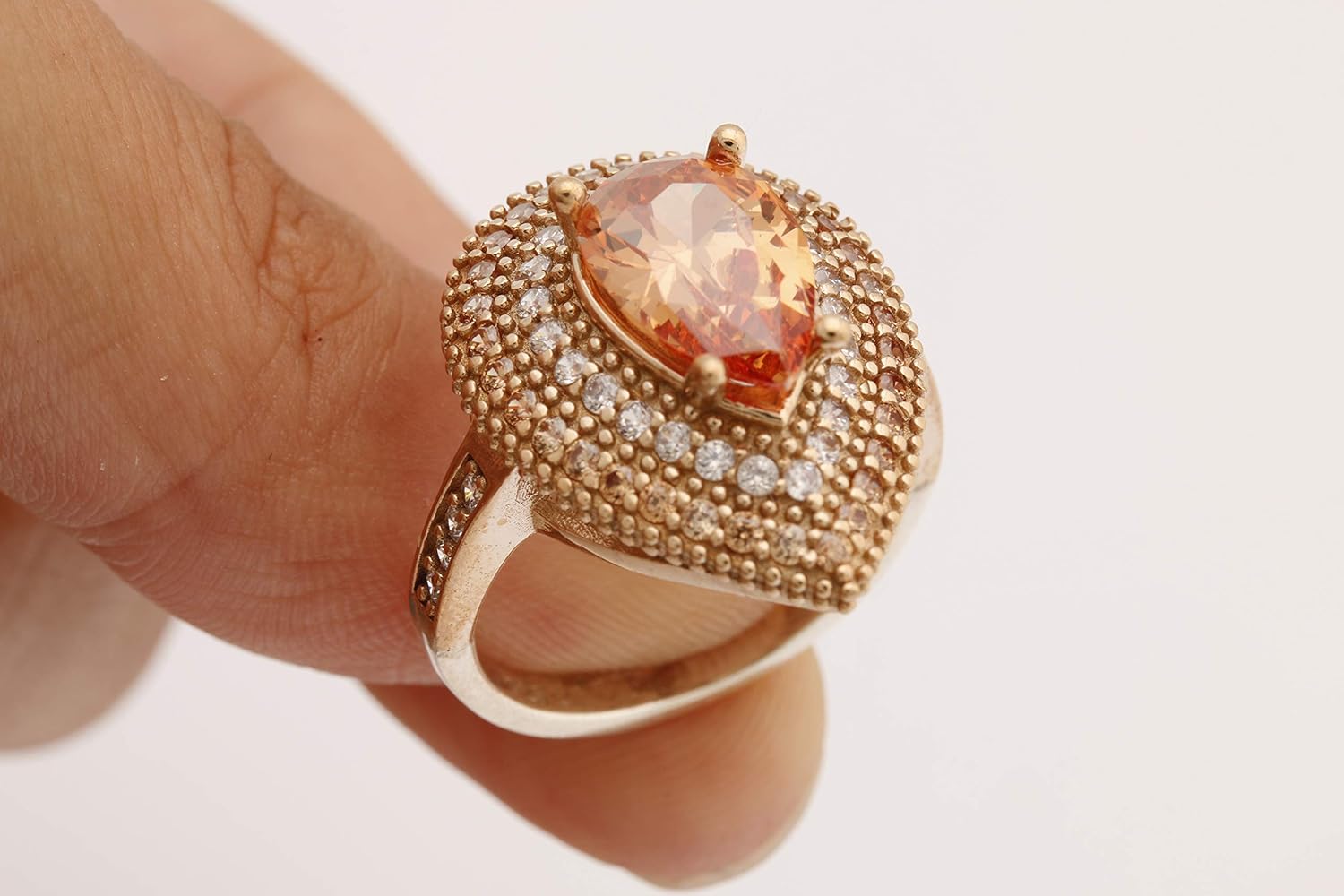 Turkish Handmade Jewelry Small Drop Shape Pear Cut Honey and Round Cut Topaz 925 Sterling Silver Ring Size All