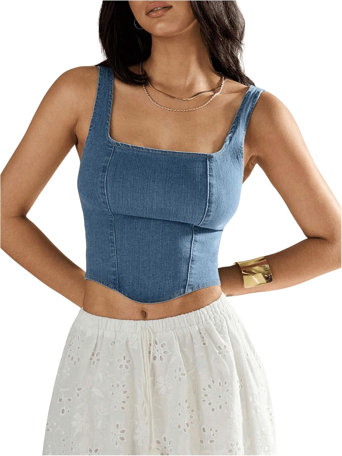 SHENHE Women's Denim Tank Top Sleeveless Square Neck Backless Slim Fit Y2k Crop Top