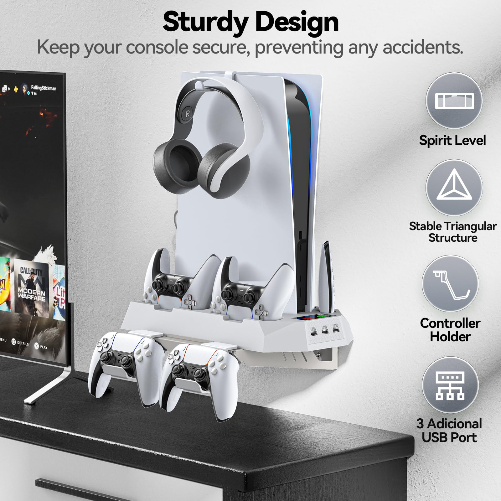 Tokluck Supporto Parete per PS5 con Raffreddamento, Base di Ricarica per PS5 Controller, Supporto per PS5 Muro con Supporto per Controller e 3 USB HUB