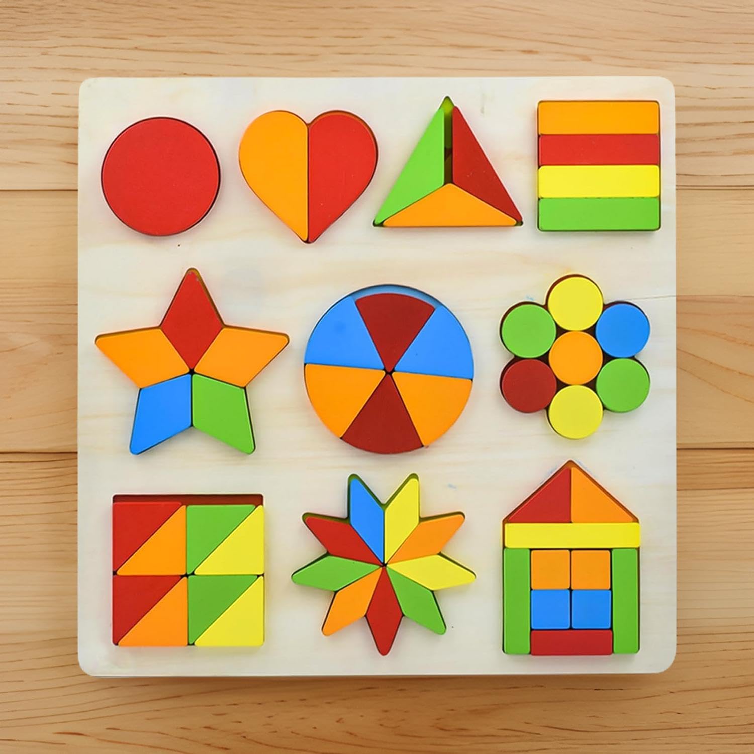 Wooden Shapes Puzzle Learning Toy, Montessori Brain Teaser Puzzle Board with 10 Geometric Shapes, Interactive Game Educational Toys for Kids, Multicolour, 3+ Years (Pack of 1)