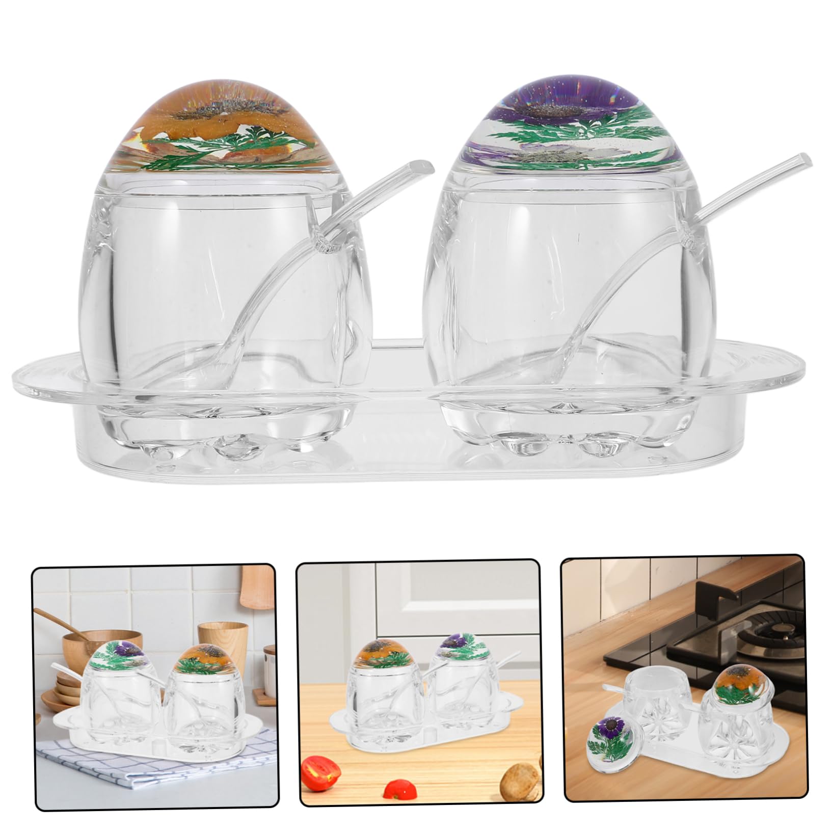 Zerodeko Pot à Épices en Acrylique Couvercle Motif Fleur, Boîte à Condiments Multifonction Cuisine Maison, 1 Set Dureté et Couleurs Vives Style