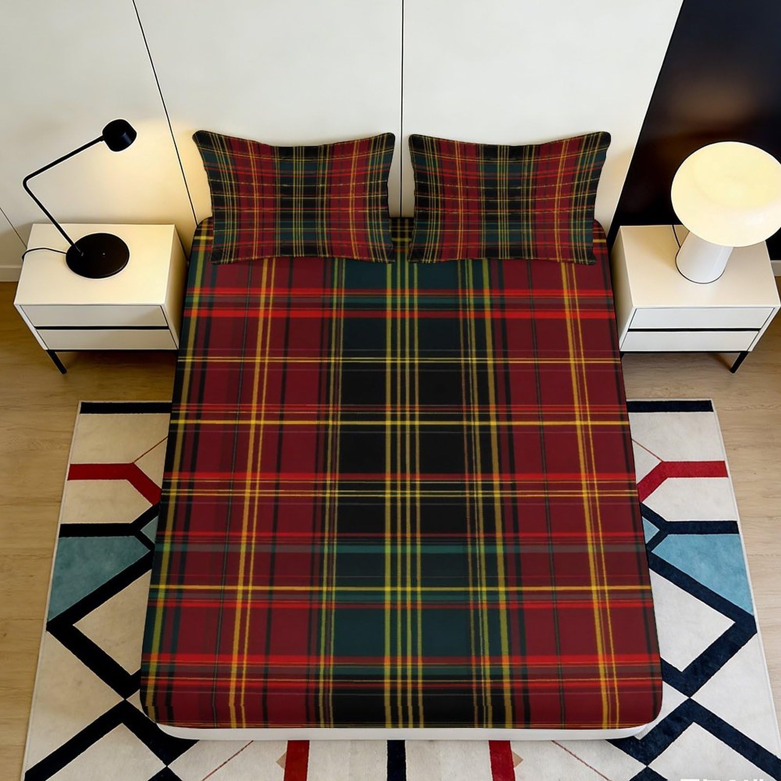 3D Printed Tartan Plaid Fitted Sheet Microfiber Soft Red Green Mattress Cover for Bedroom Dorm Decor Protection 90x200x25cm
