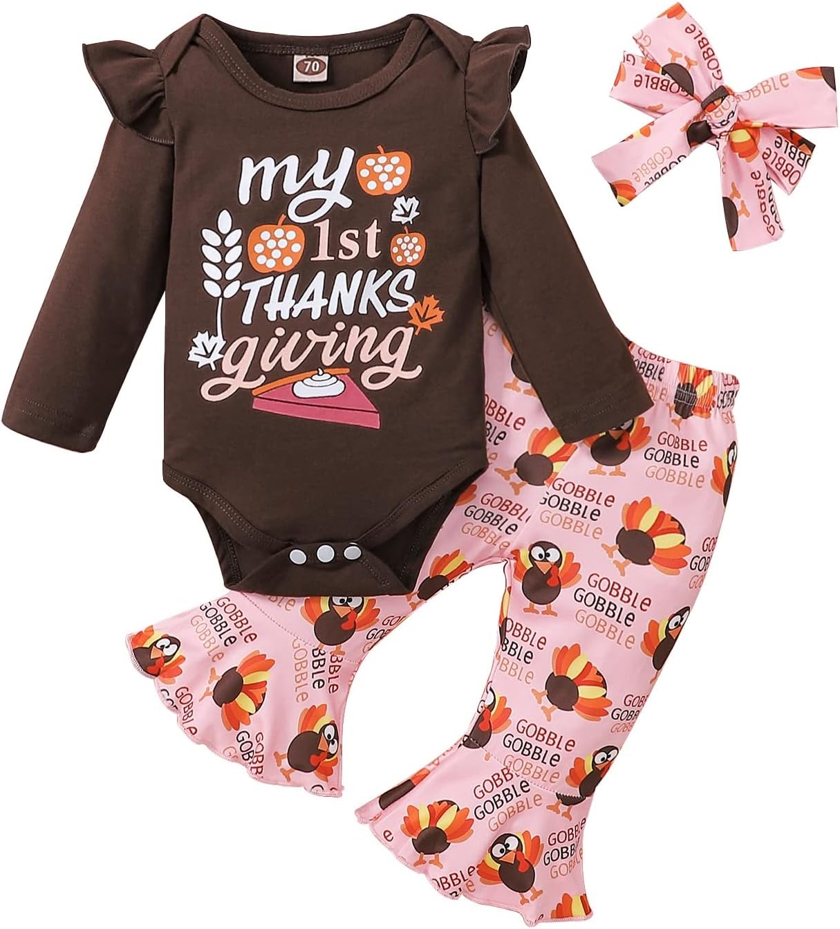 My First Thanksgiving Baby Girl Outfits 1st Thankgiving Gifts Turkey Romper Cute Polka Dot Bell Bottom Pants Headband