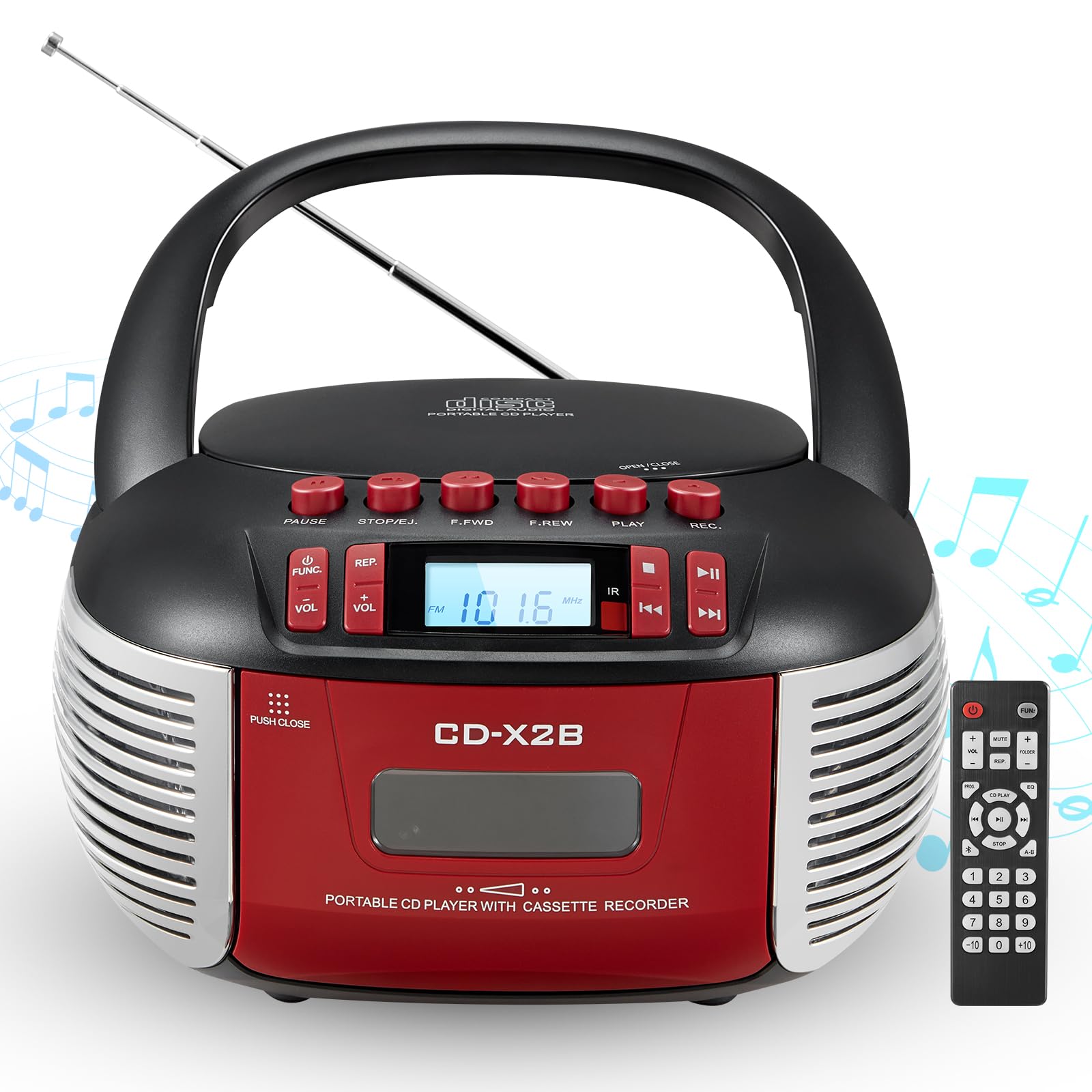 Boombox CD Cassette Player Combo with AM FM Radio, Bluetooth, CDs Playback, Remote Control, USB Port, AUX-in & Headphone Jack, Tape Recording, Stereo Sound, DC/AC Powered for Home,Outdoor