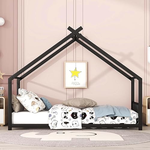 Miniatura 3 de OTRIEK Cama de plataforma de metal de tamaño individual, marco de cama Montessori de acero con techo para niños, adolescentes y adultos, no necesita