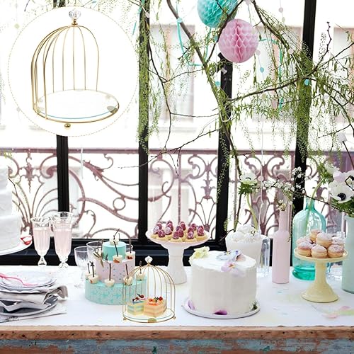 Miniatura 7 de BESTonZON Jaula de pájaros de metal dorado, soporte para cupcakes, postres para bodas, fiestas, cumpleaños, celebraciones de ducha, decoración del