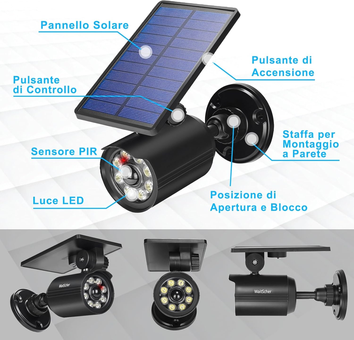 WaitScher Solar Light components labeled: Solar Panel, Control Button, PIR Sensor, LED Light, Wall Mounting Bracket, Open and Lock Position