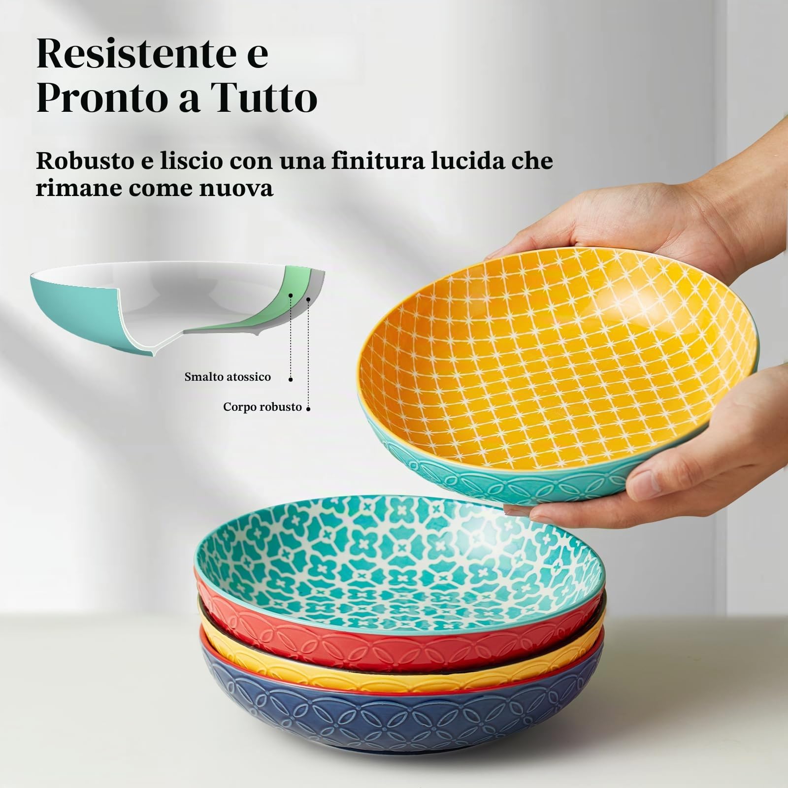 DOWAN Ciotole per Pasta dai Colori Vivaci, Grandi 20,5 cm, in Porcellana Set di 4, Ciotole per Pasta, Insalata, Zuppa, Farina d'Avena, Motivo Misto