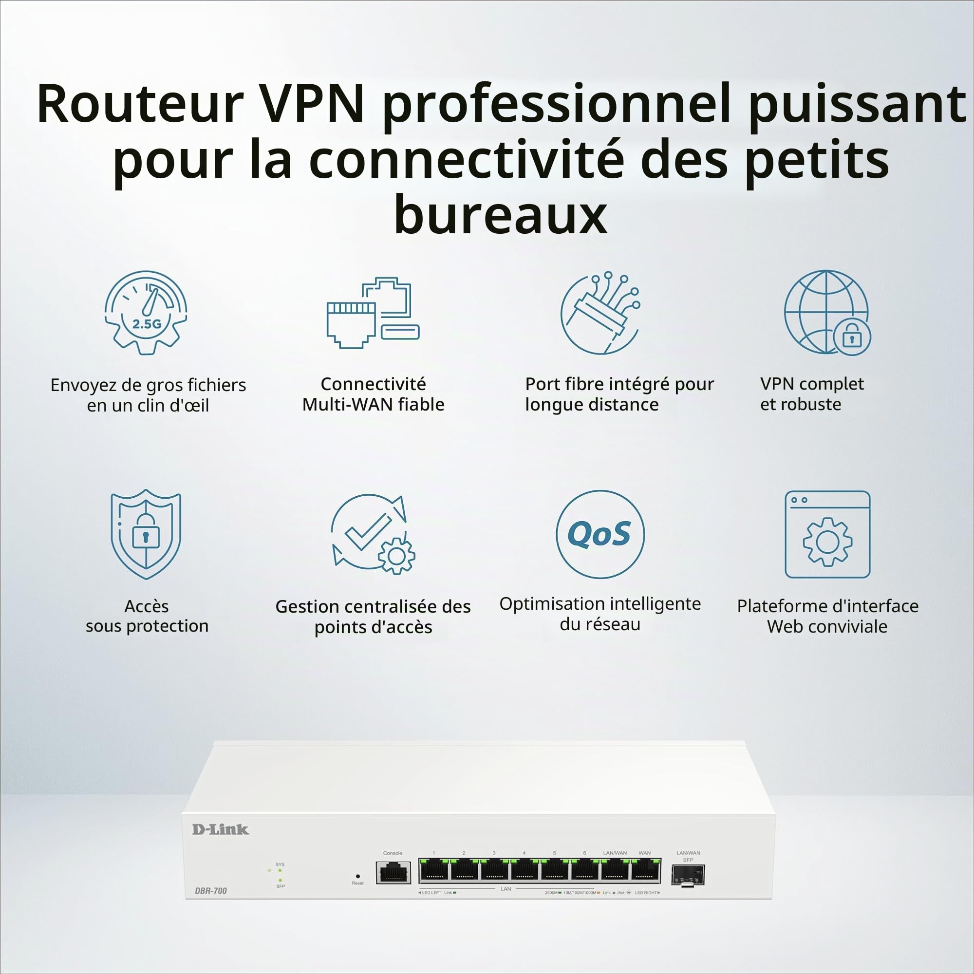 D-Link DBR-700 Routeur Professionnel – Dual WAN 2,5G, Équilibrage de Charge & Basculement, VPN (IPSec, WireGuard, OpenVPN), Pare-feu, Port SFP, Gestion Centralisée Jusqu’à 15 Points d’Accès