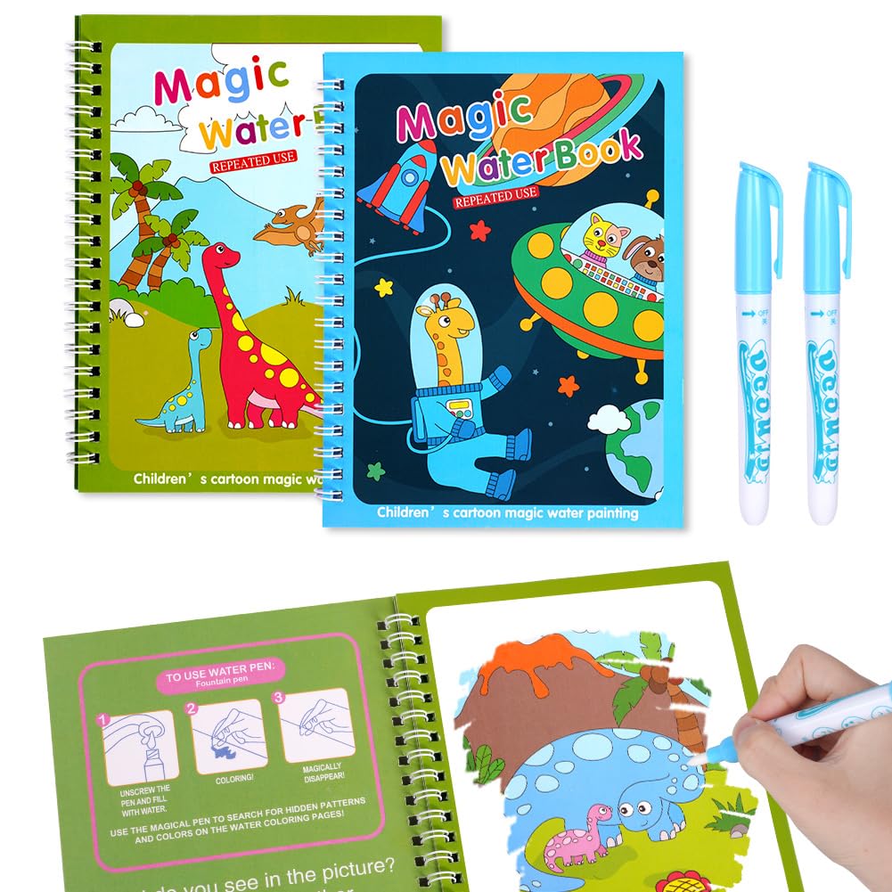 OSDUE Libro da Colorare ad Acqua, 2 Pezzi Libro di Pittura ad Acqua per Bambini, Libro da Colorare ad Acqua Magica con Penna, Bambini Istruzione Drawing Toy, Bambini in Viaggio Attività di Pittura