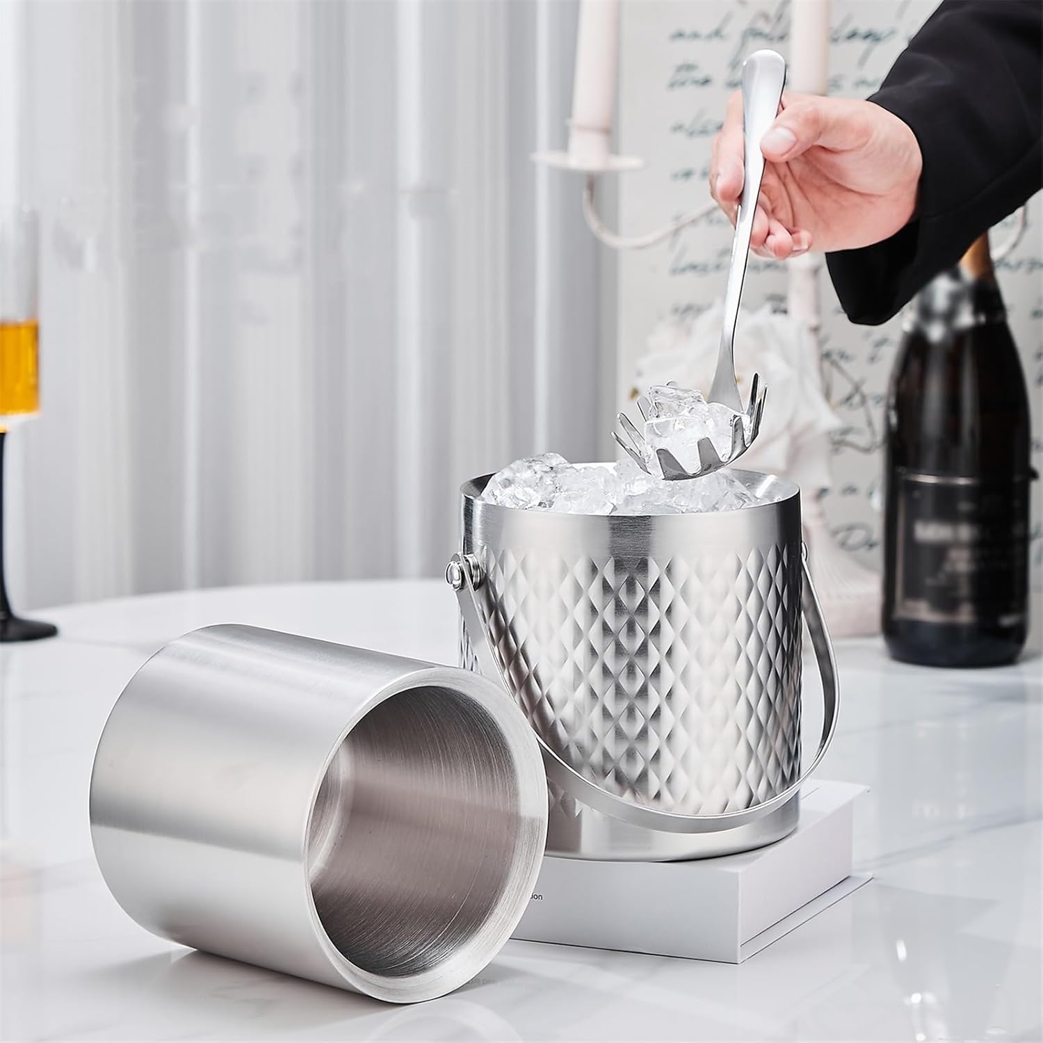 バーアイスバケツ 二重層ステンレス製アイスバケツ 蓋付き ホームバーアクセサリー パーティー シャンパンバケツ シャンパンバケツ(小