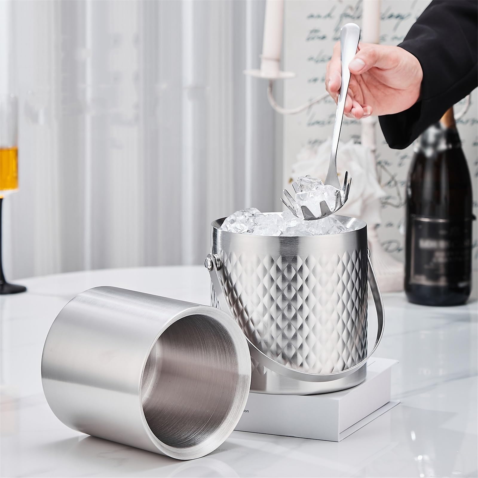 Cubo de Hielo Acero Inoxidable Doble Capa con Tapa, Accesorio for Bar, Fiestas, champán para Botellas de Vino o champán(Grande)