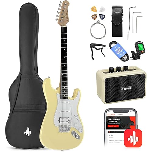 Donner 39-Inch Electric Guitar Starter Kit - Yellow, with Amp, Bag, Tuner, Capo, Strap, Strings, Cable, Picks