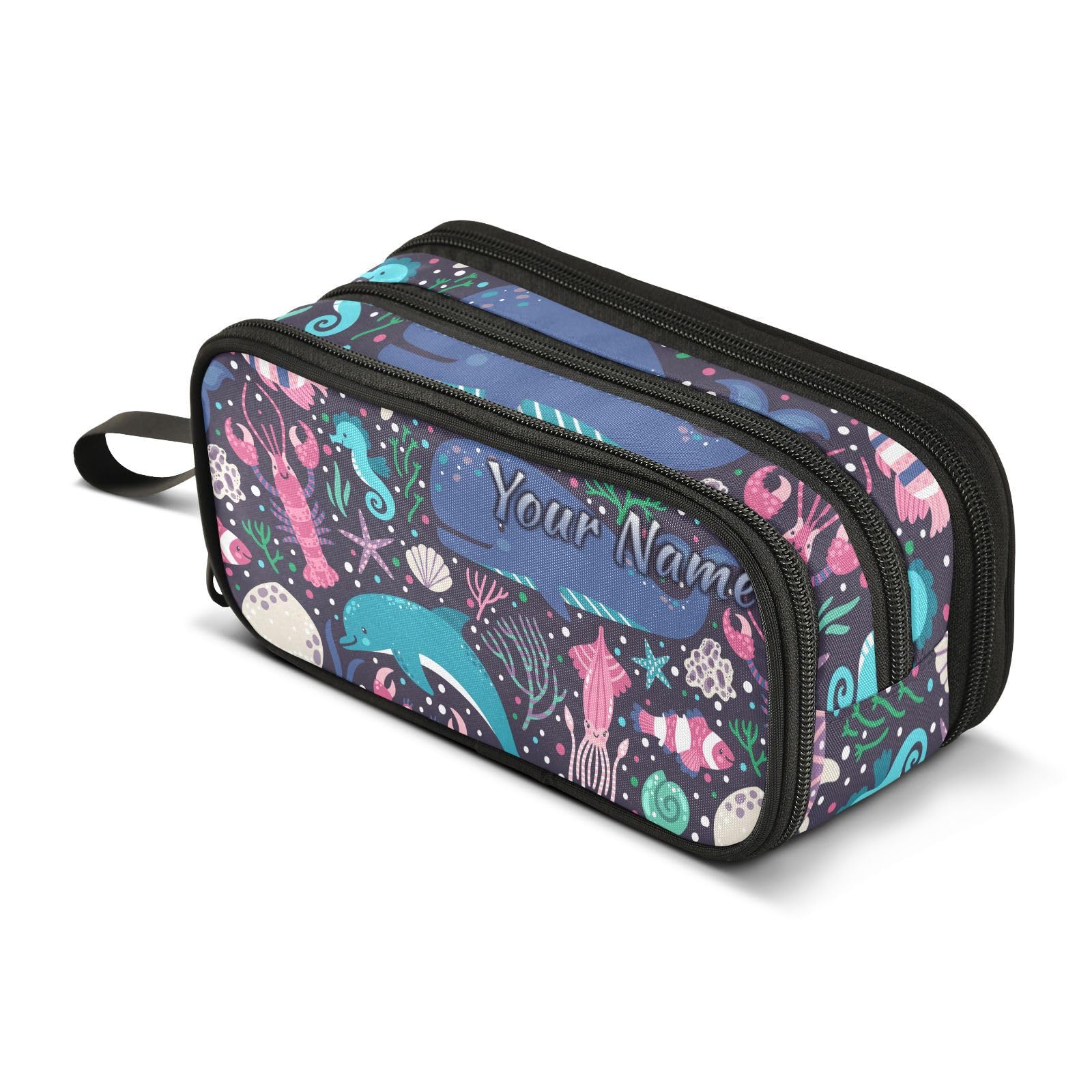 Mnsruu Personalised Pencil Case Custom Pencil Pouch with Your Name Dolphin Whale Ocean Nautical Coastal Large Stationery Pen Bag for Boys Girls Adults School Office — image 1