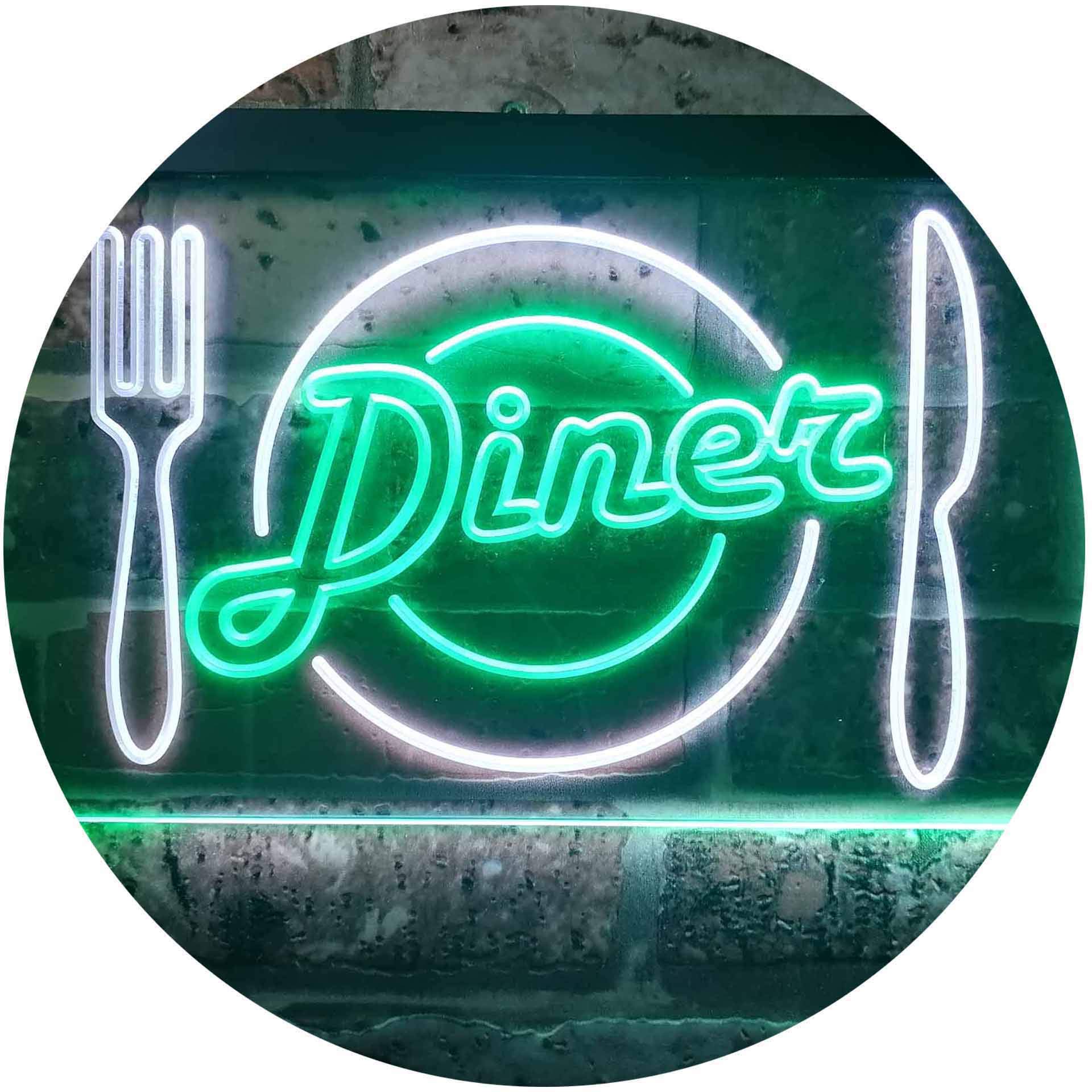 ADVPRO Diner Restaurant Knife Fork Dual Color LED Enseigne Lumineuse Neon Sign Blanc et Vert 600 x 400mm st6s64-i3240-wg