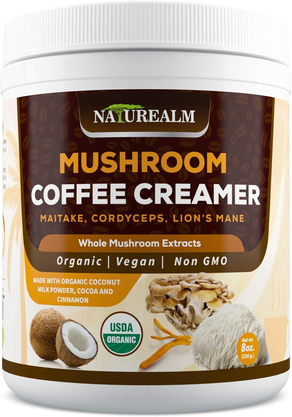 Naturealm Mushroom Coffee Creamer - Lion's Mane, Cordyceps, Maitake Extracts + Coconut Milk Powder, Cocoa, Cinnamon - USDA Certified Organic, Vegan, Sugar-Free, Gluten-Free, Keto-Friendly, 8oz.