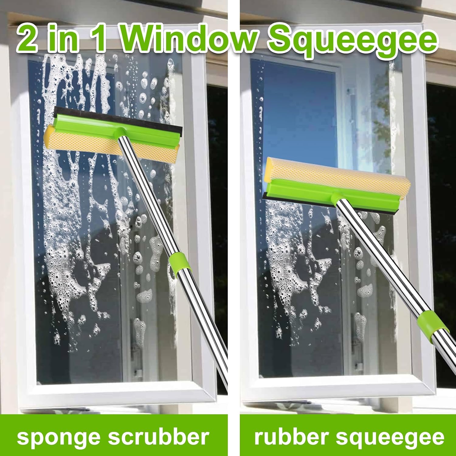 Window Squeegee, Squeegee for Window Cleaning, 2 in 1 Squeegee Window Cleaner with 58'' Long Handle,Window Washing Kit with Extension Pole for Shower, Windshield, Mirror, Gas Station, Glass