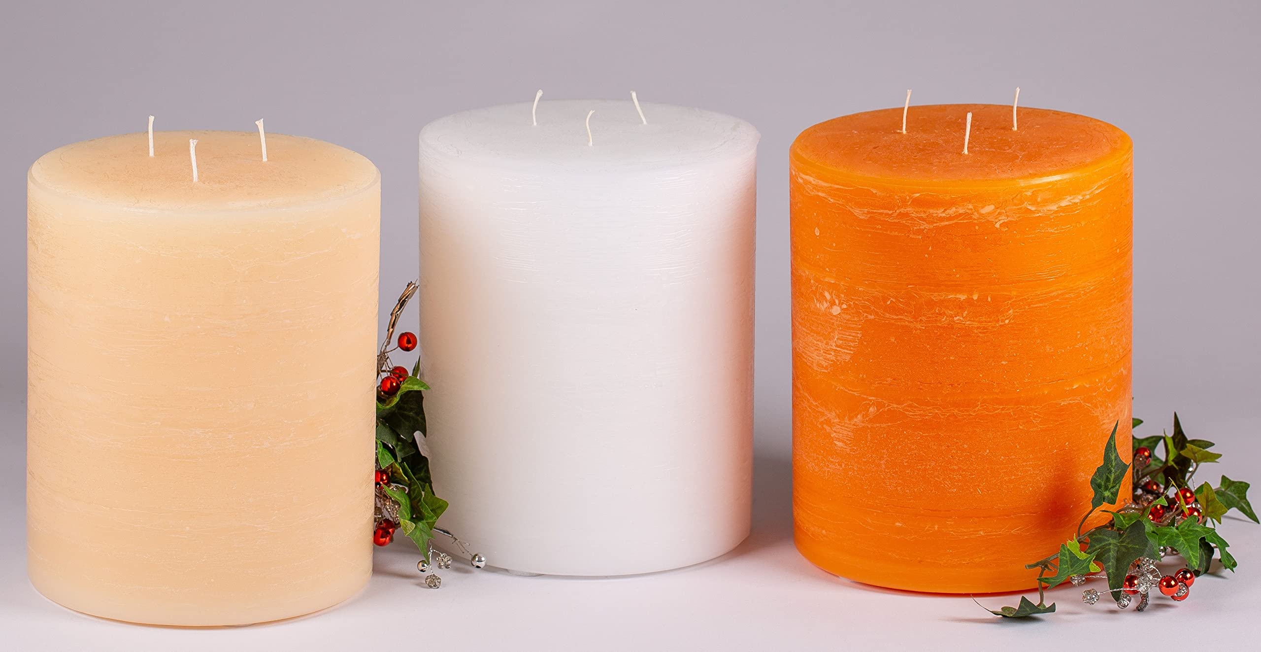3 Docht Rustic-Kerzen XXL mit Struktur, Farbe: Champagner, Crem, Größe: 20 x 17 cm Ø. Eine schöne Rustik-Kerze für Ihr Zuhause. 3 Wick Pillar Candles. (4005)