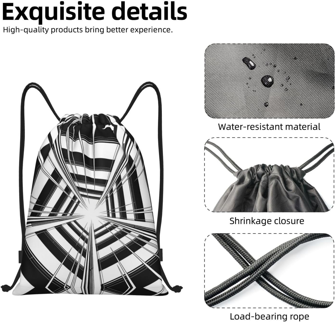 Radial Monochrome Print Lightweight Drawstring Backpack Stylish Gym Bag and Beach Bag for Travel and Fitness