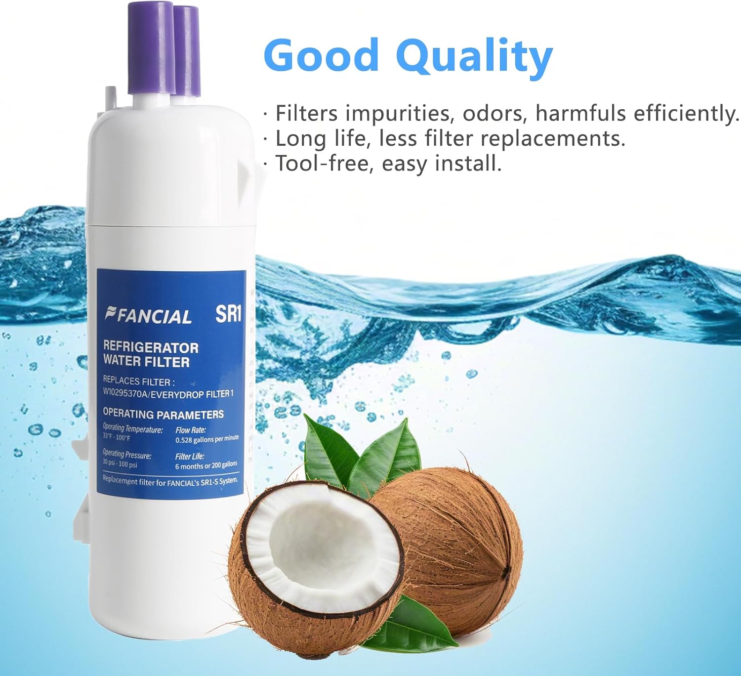 Fancial NSF Certified Water Filter, Advanced Coconut Shell Activated Carbon, for FILTER1 EDR1RXD1, W10295370A, P4RFKB2, 9081, 469081, 9930, 469930, 9930P, 04609930000, Removes Odor, Impurities, 3Pack