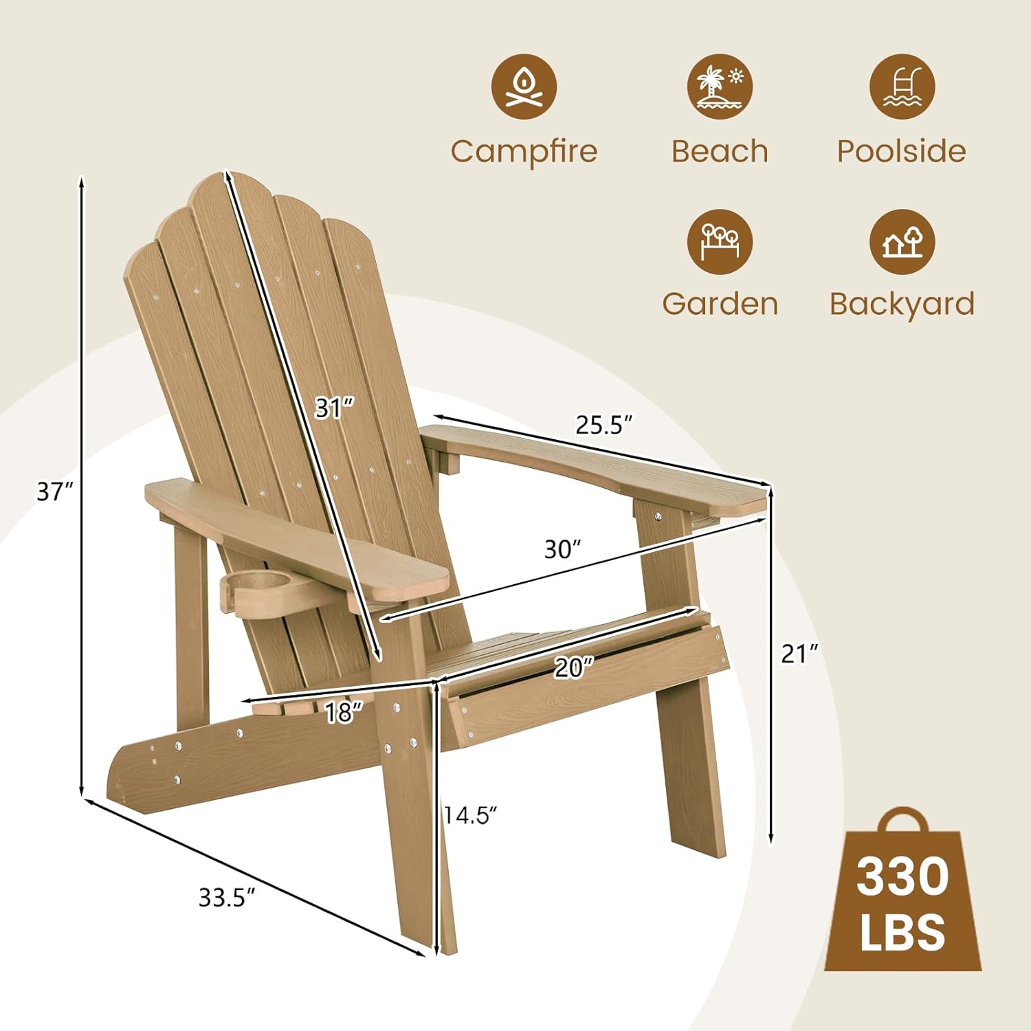 ORALNER Outdoor Adirondack Chair with Cup Holder, Plastic Resin Outdoor Deck Chair, 380 LBS Capacity, for Patio, Backyard, Porch, Balcony, Poolside, Garden, Lawn, Firepit (4, Coffee)