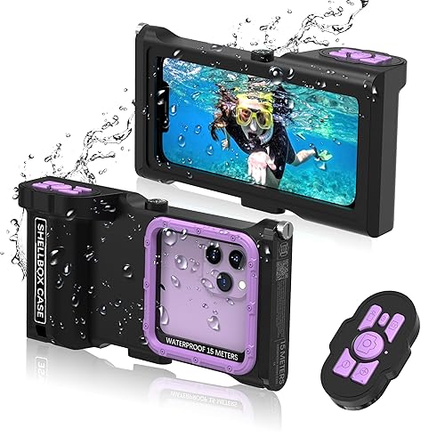 ShellBox Case Diving Case 3rd Gen for Samsung Galaxy/iPhone Series, Universal Phones [4.9-6.9 Inch], Snorkeling 15m/50ft,with Compass,Bluetooth-Controlled(Black-Purple)