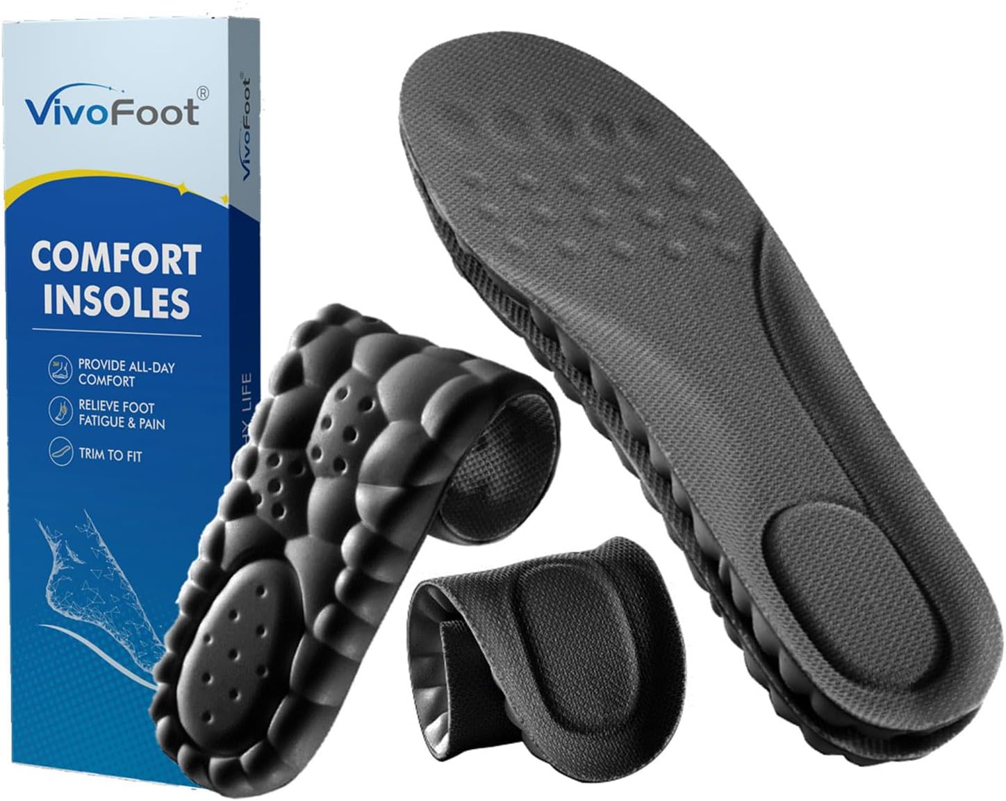 VivoFoot 2 Pair Foam Insoles, 4D Cloud Soles, Anti-Fatigue Pain Relief Work Sports Running Comfort Shoe Inserts, Trim to Fit Replacement Pads for Men Women(Men 7-11,Black)