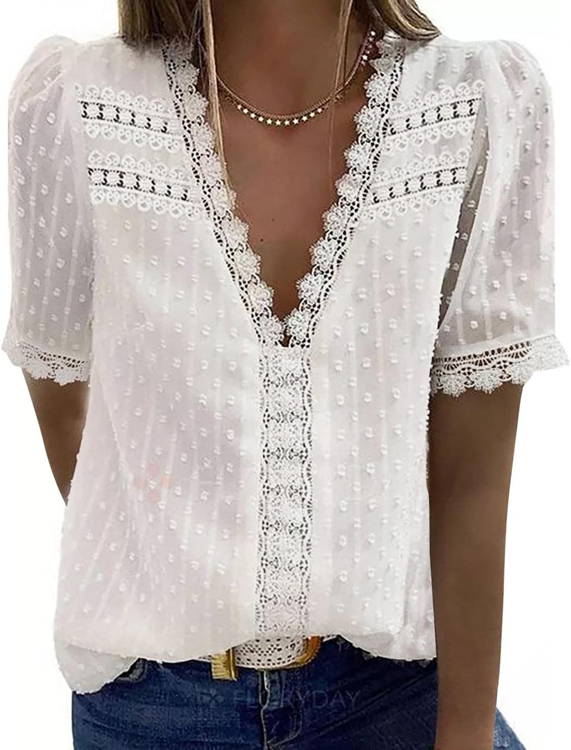 BuetoryWomen's Elegant V Neck Lace Crochet Tunic Tops Casual Loose Short Sleeve Vintage Lace Flowy Shirts Blouse
