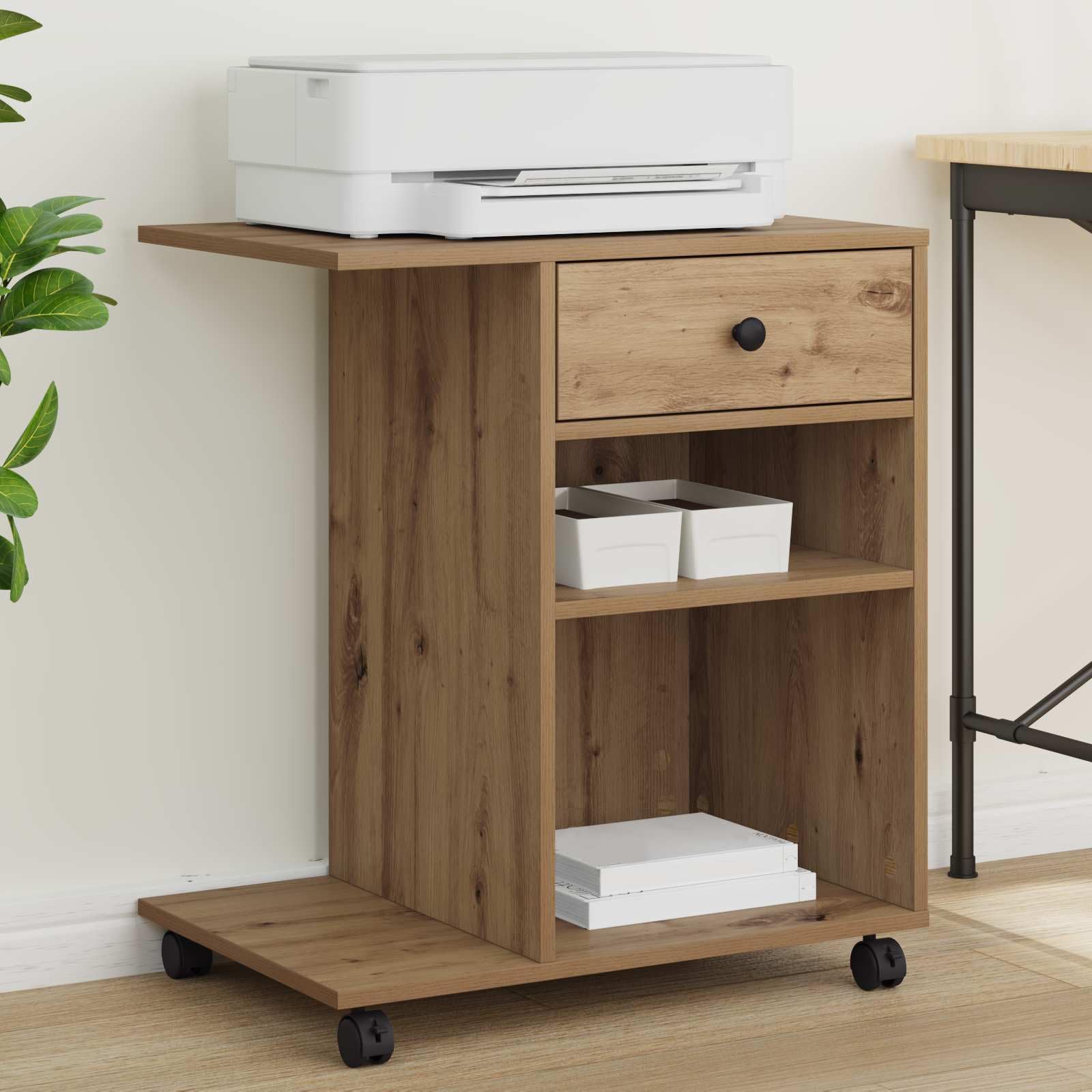 Druckerständer mit Rollen aus Holzwerkstoff, Eiche-Optik, 60 x 40 x 68,5 cm, mit Schubladen für Büroorganisation, rollbares Design für Flexible Nutzung