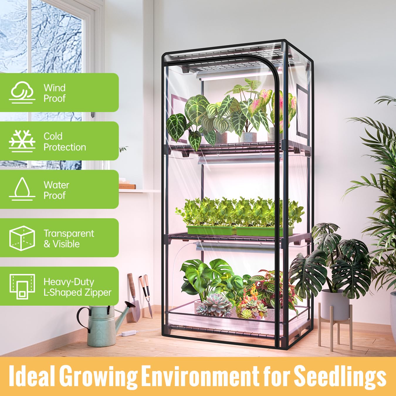 Invernadero interior con luz de crecimiento, soporte para plantas de 4 niveles con tienda de PVC con cremallera, ventana de ventilación, bolsa inferior, luz de planta de espectro completo de