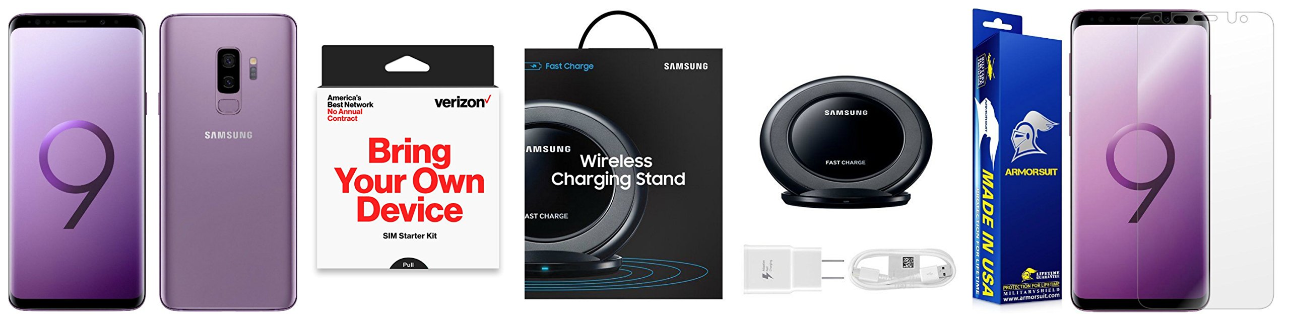 Verizon Prepaid Samsung Galaxy S9 Lilac Purple 64Gb SM-G960UZP with A Sim Card Sim Card & A Armor Suit Full Body Screen Protector Installed Plus A Samsung Wireless Charging Pad Bundle