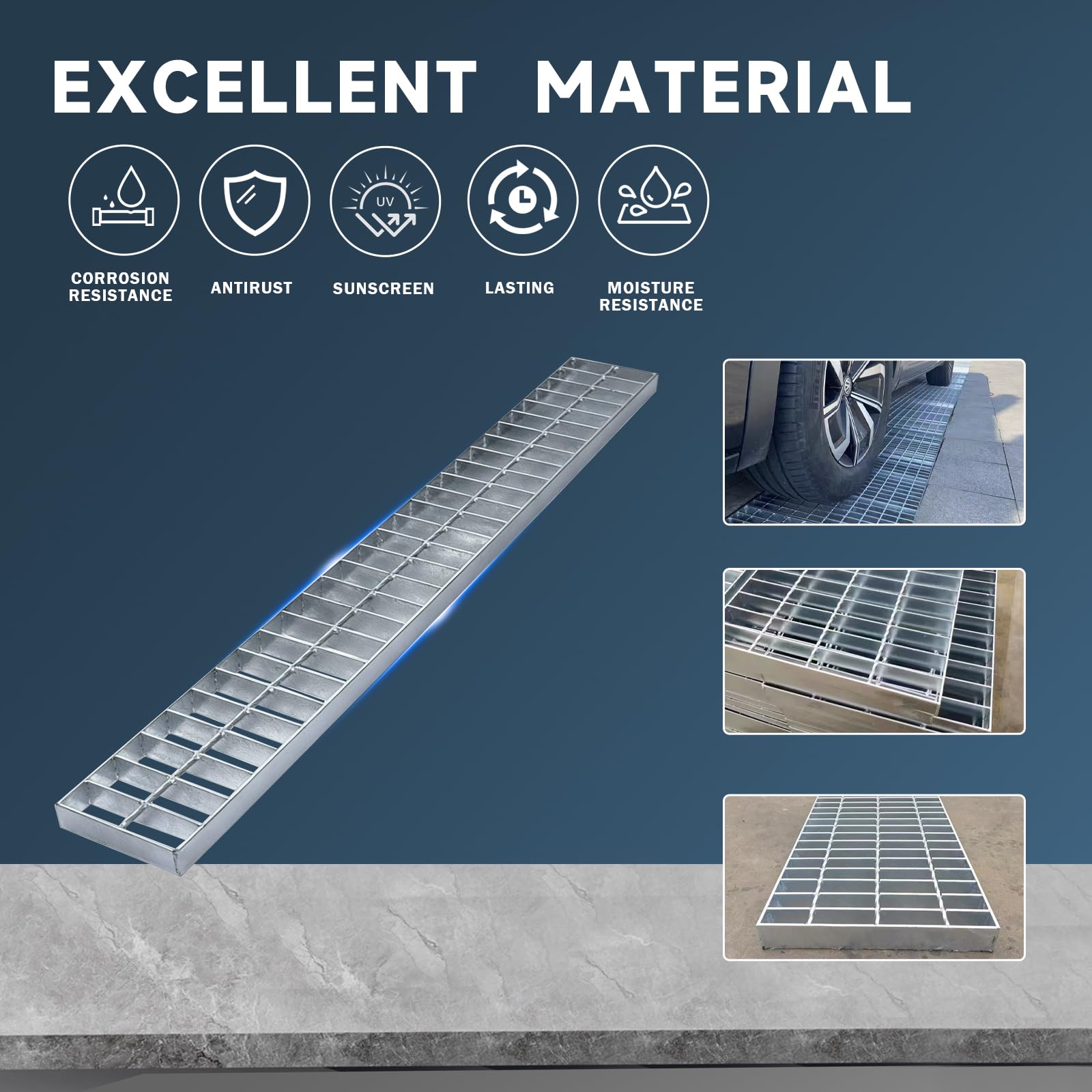 Rejilla de drenaje de acero galvanizado, rejilla de drenaje de canal de metal de 36 x 12 pulgadas, cubierta de drenaje de canal de clase B125 resistente para garaje, estacionamiento de fábrica, piso
