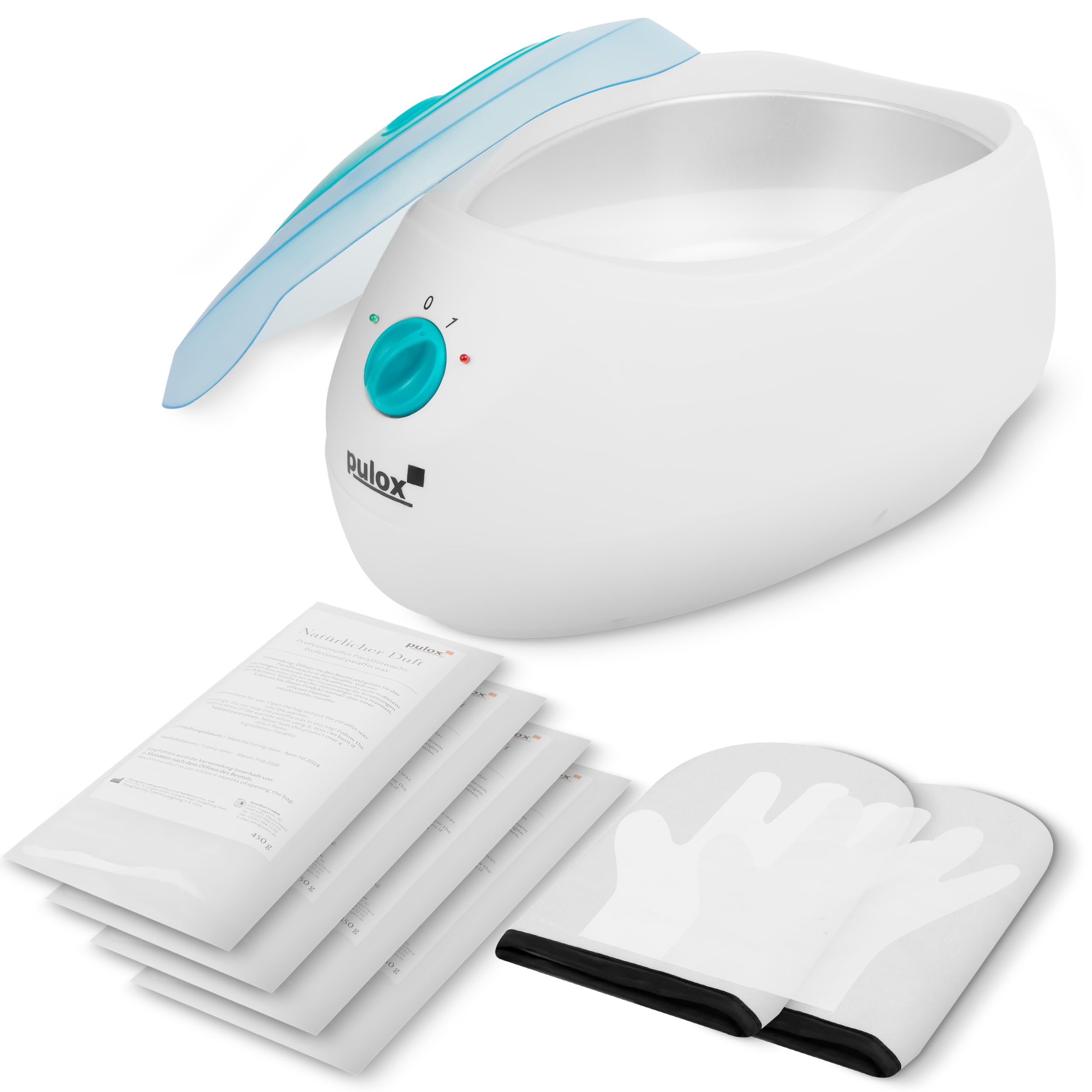 Pulox Paraffinbad mit 4x Paraffinwachs für Wärme- & Pflegeanwendungen | Wachsbad zum Schmelzen von Paraffin, ideal für Hand- und Fußpflege, Wellness sowie kosmetische Anwendungen