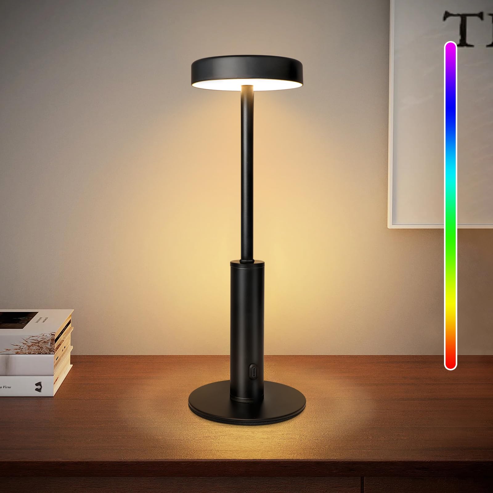 LED Rechargeable Table Lamp,Battery Operated Lamps,3 Colors & 7 RGB Stepless Dimmable Cordless Bedside Lamp Night Light Touch Control Ambient Lamp for Bedroom,Living Room,Bar,Camping,Dating