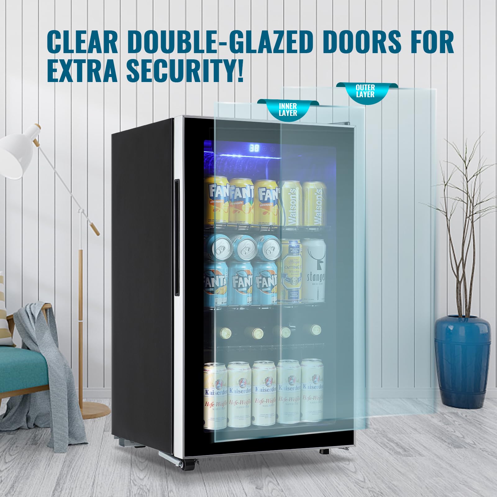 WANAI Beverage Refrigerator And Cooler With Glass Door - 125 Cans Capacity, 3.5 Cu.Ft Small Beer Fridge For Drinks, Soda, Wine- Mini Cooler With Touch LED Display Control And Blue Light on Fridge.com - View 6