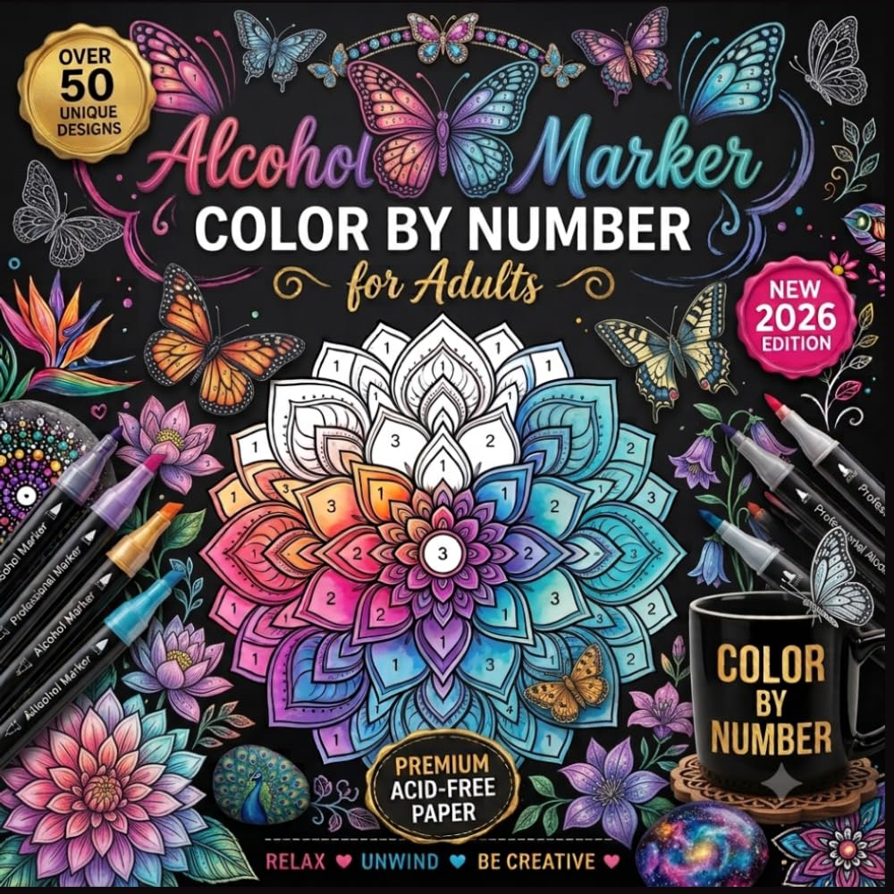 Alcohol Marker Color By Number: Coloring Book of Relaxing Butterfly and Flower Illustrations for Adults Teens Women,