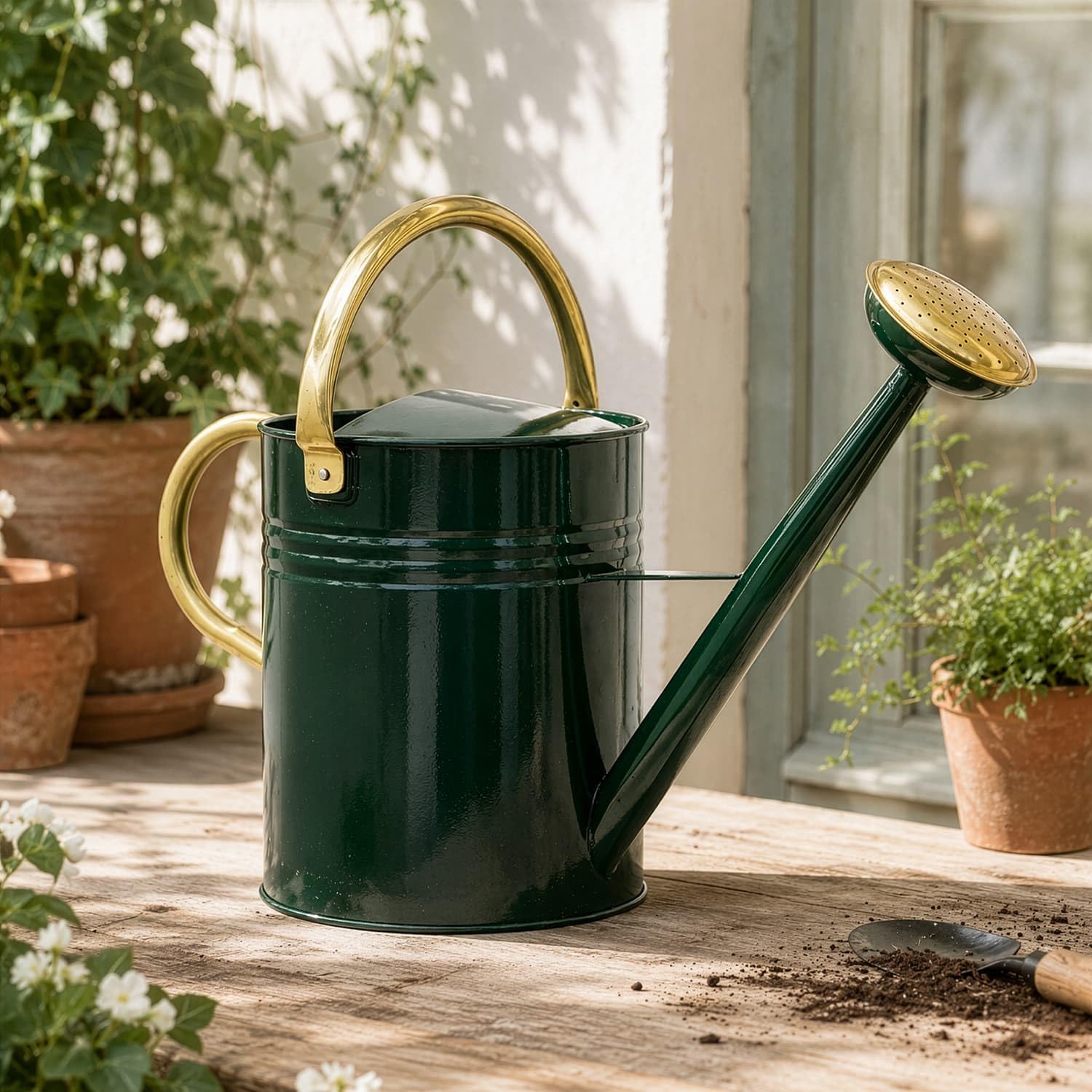 CKB LTD Annaffiatoio da esterno, grande, 9,5 l, in acciaio zincato di colore verde scuro, con rosa rimovibile e manico regolabile per grandi piccoli giardini, fiori e piante, resistente