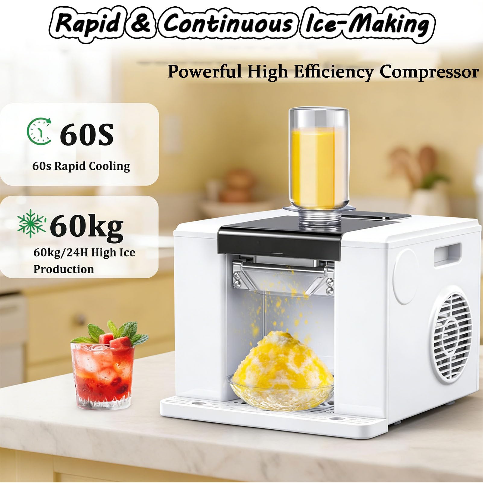 Macchina elettrica per Granite, 60 kg/24 Ore, per Uso Commerciale, con Controllo Tramite Pulsante Intelligente, Ideale per Negozi di Bevande Fredde Black