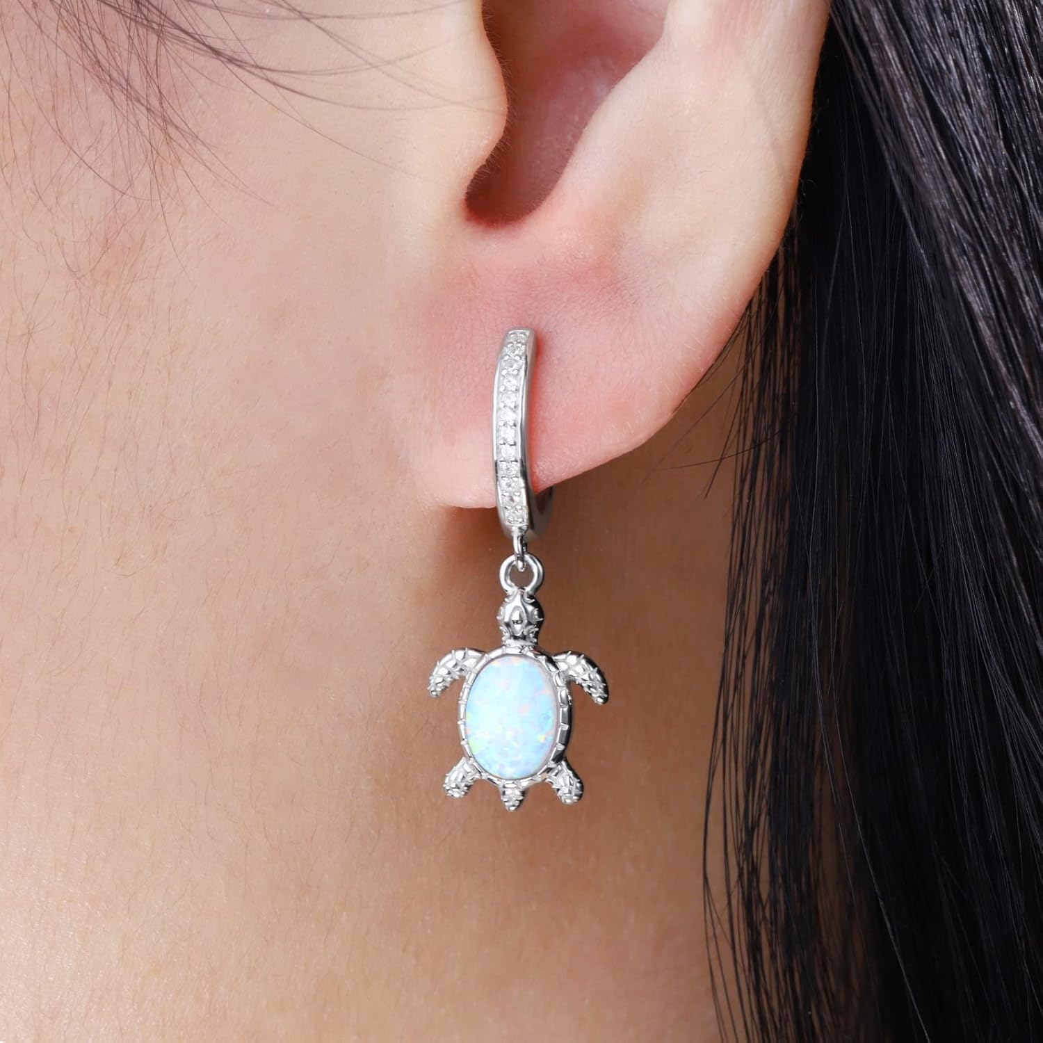Sterling-Silver Opal Sea-Turtle Dangle-Earring for Women - White Gold Plated Sea Ocean Life Earrings Summer Beach Birthday Mothers Day Jewelry Gifts for Mom Daughter EJALEN