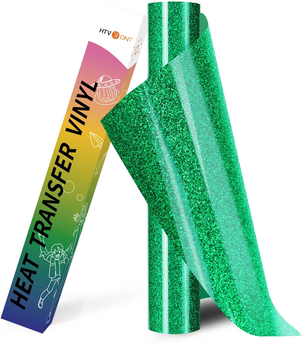 HTVRONT Green Glitter HTV Vinyl- 10" x 8ft Glitter Iron on Vinyl for Shirts | Green Glitter HTV Heat Transfer Vinyl Roll for All Cutting Machines - Easy to Cut &amp; Weed for Heat Vinyl Design