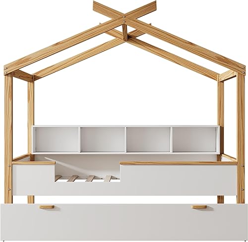 Miniatura 39 de Cama de casa de tamaño individual con 2 cajones, marco de cama de madera y barandilla de seguridad. Ahorra espacio, ideal para el dormitorio de un