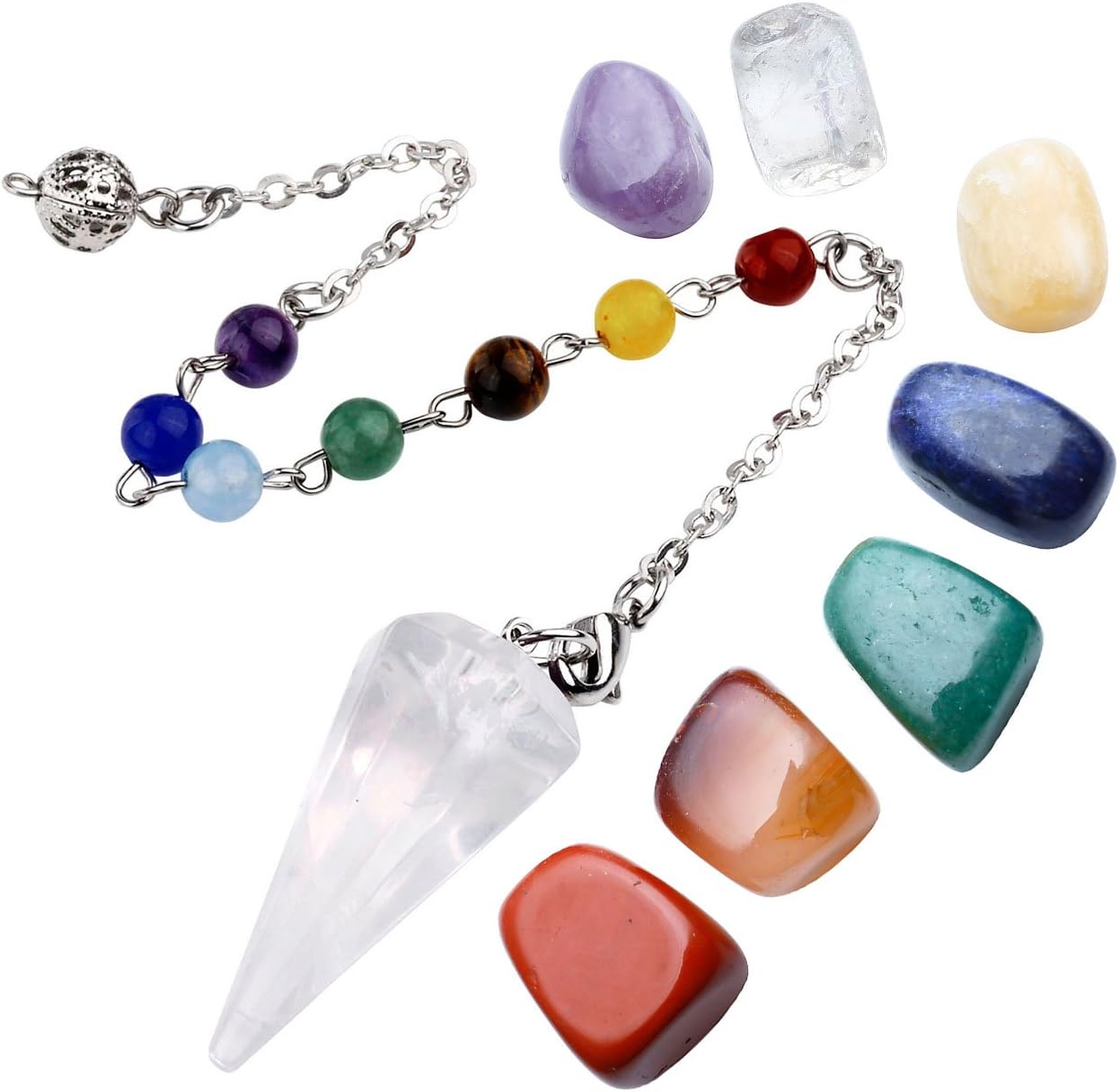 Top Plaza 7 Chakra Healing Crystal Tumbled Palm Stones and Natural Clear Quartz Dowsing Pendulum Reiki Balance Meditation Jewelry Sets(Faceted Pendulum#3)