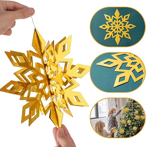 Vista 8 de Crafare Adornos colgantes de copos de nieve 3D de Navidad, 3 tamaños, 18 unidades, blanco y plateado, guirnalda colgante para invierno, país