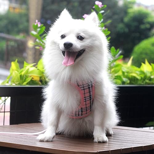 Miniatura 5 de Juego de arnés y correa para perro, arnés reflectante transpirable para cachorros, gatos, chaleco para perros pequeños y medianos (cuadros rosados,