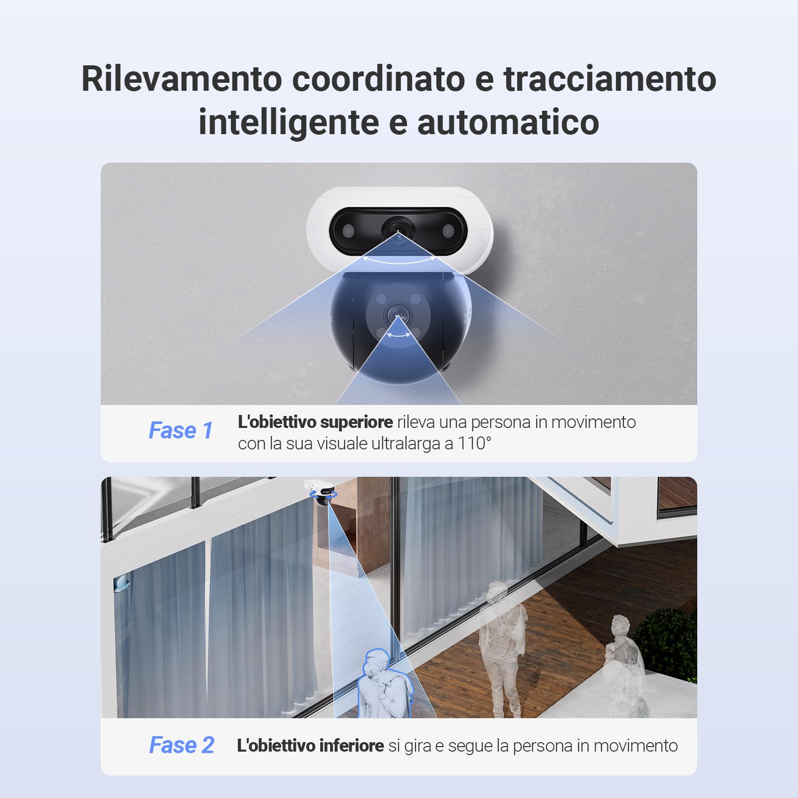 EZVIZ 8MP (4MP+4MP) Telecamera WiFi Esterno con Doppia Lente, Telecamera per Esterni a 360°, Visione Notturna a Colori, Rilevamento Persone/Veicoli, Audio Bidirezionale, Impermeabile, C90 Dual