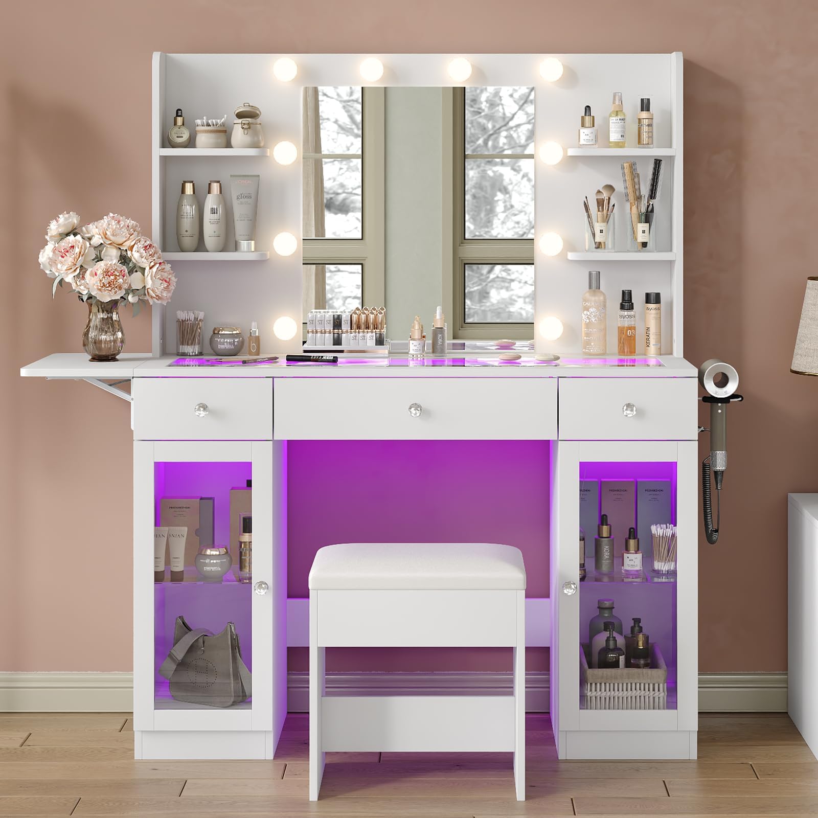 Yanosaku Makeup Vanity Desk with Mirror and Lights, RGB Lighted Vanity Desk with Power Outlet, 3 Drawers & 2 Large Tempered Cabinets, Fold-up Panel, Glass Top Vanity with Chair for Bedroom, White