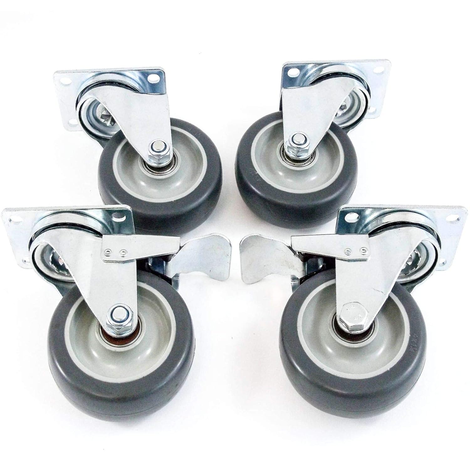 4 Pack 4 Inches Swivel Caster Wheels Rubber Base with Top Plate & Double Bearing, 2 with Rear Brakes