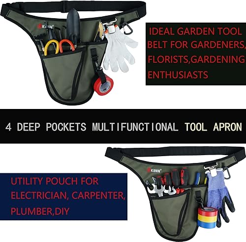 Miniatura 4 de KUNN Cinturón de herramientas de jardín, duradero, ajustable, con 4 bolsillos, para mujeres, hombres, jardineros, floristería, verde militar