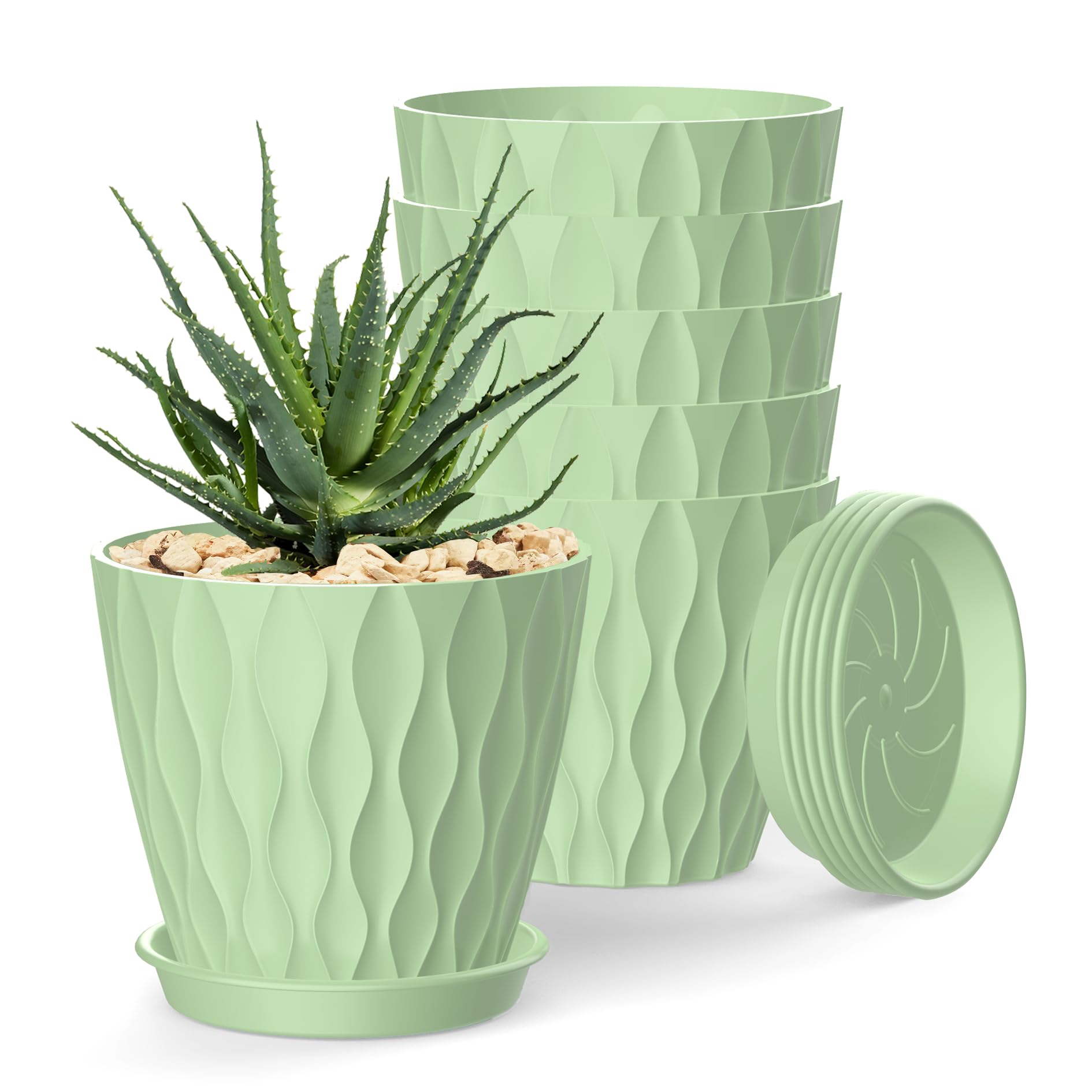 SQOKHT 15cm Plant Pots 6 Pack, Indoor Flower Pots with Drainage Holes and Saucers, Plastic Planters for Orchids, Violets, Succulents, Herbs & Small Plants (Green)